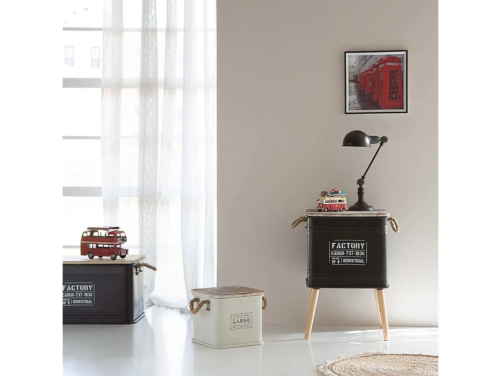 Table basse imprimée noire, métal, bois et corde, 41x41x37/61