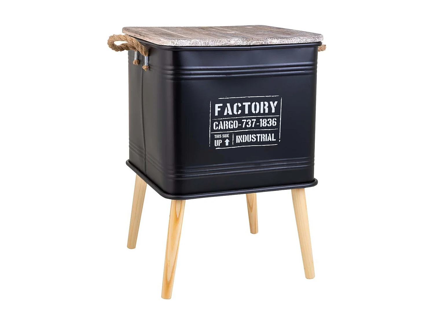 Table basse imprimée noire, métal, bois et corde, 41x41x37/61