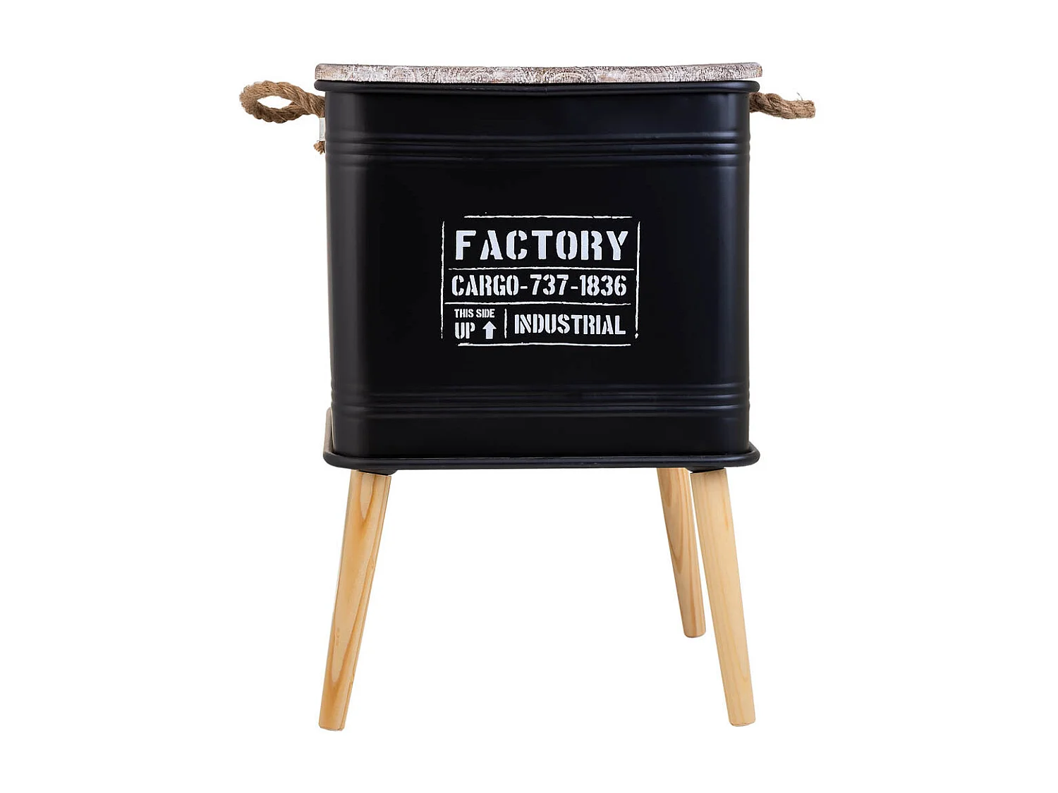 Table basse imprimée noire, métal, bois et corde, 41x41x37/61