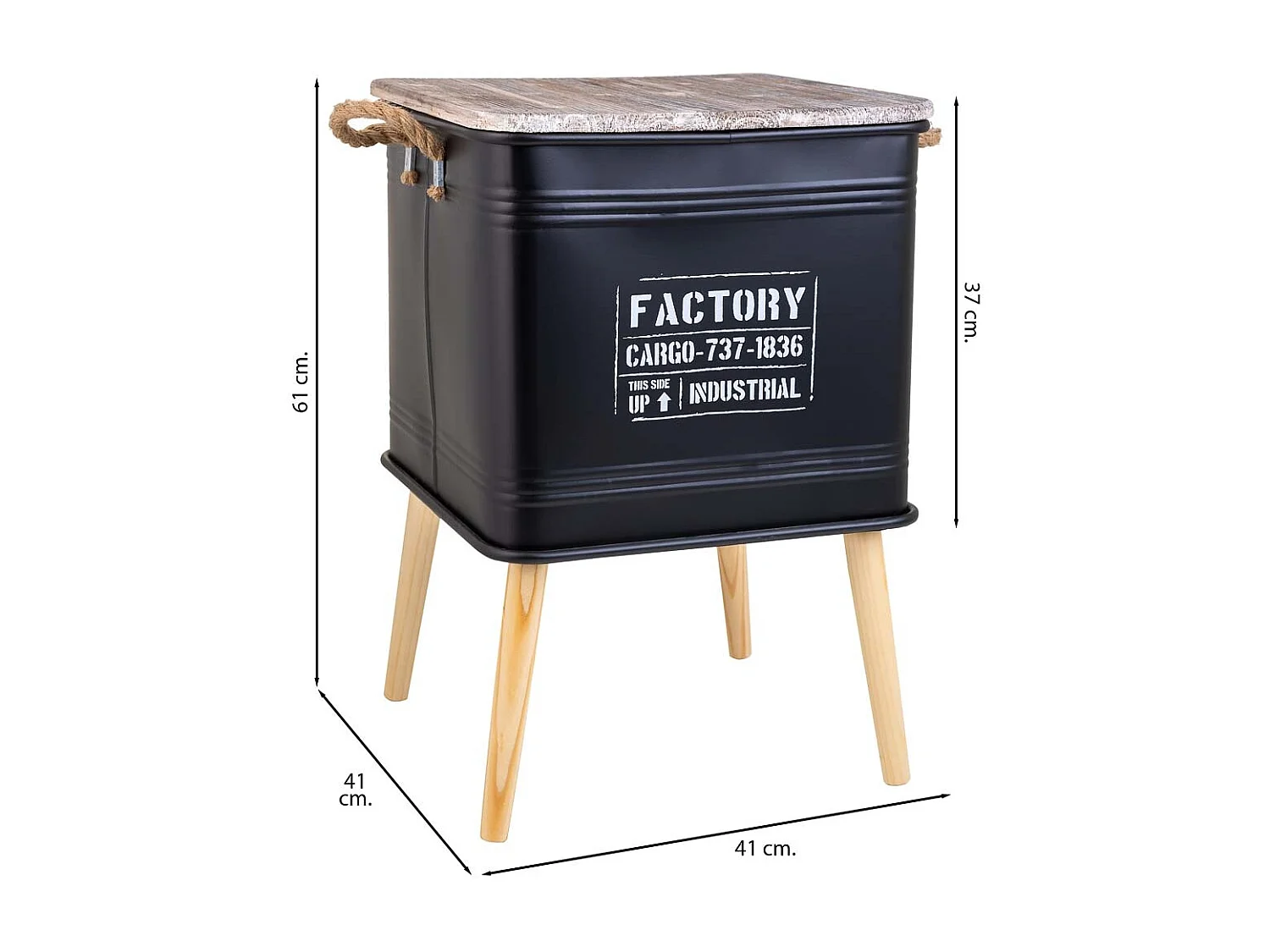 Table basse imprimée noire, métal, bois et corde, 41x41x37/61