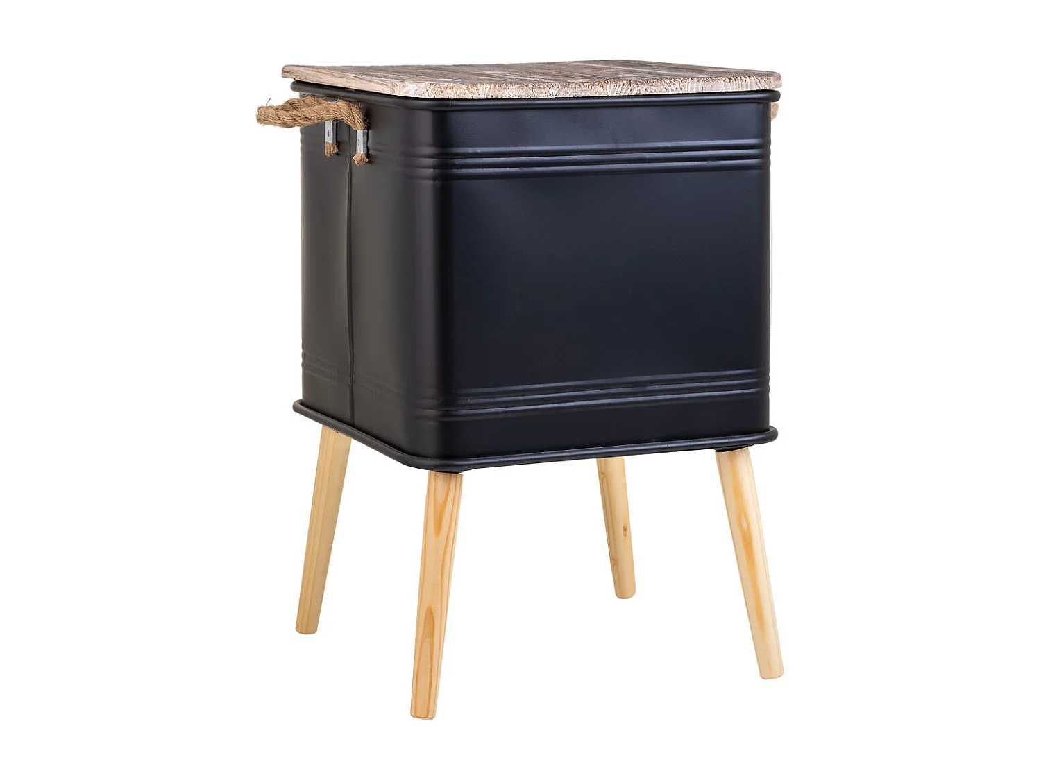 Table basse imprimée noire, métal, bois et corde, 41x41x37/61