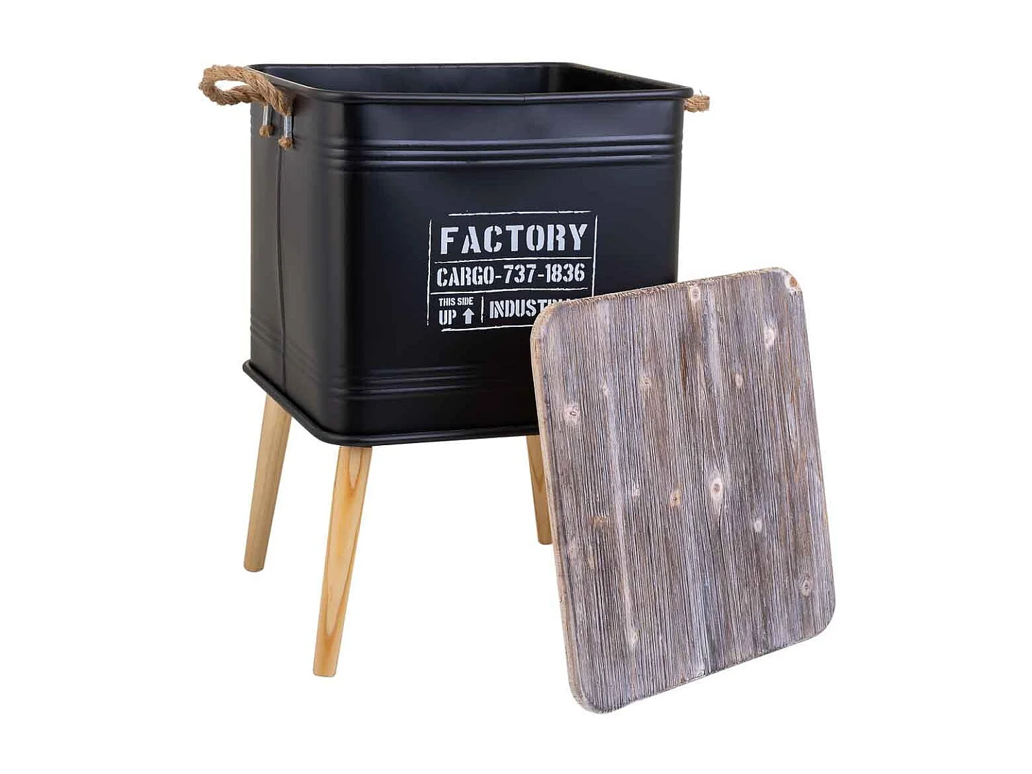 Table basse imprimée noire, métal, bois et corde, 41x41x37/61