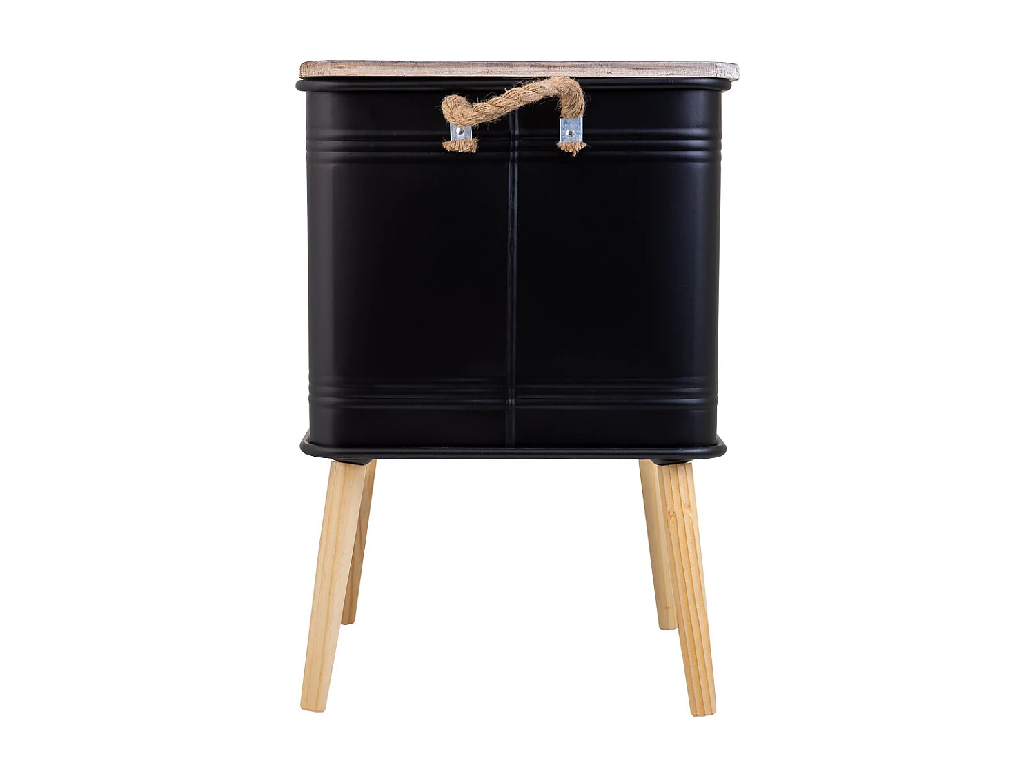 Table basse imprimée noire, métal, bois et corde, 41x41x37/61