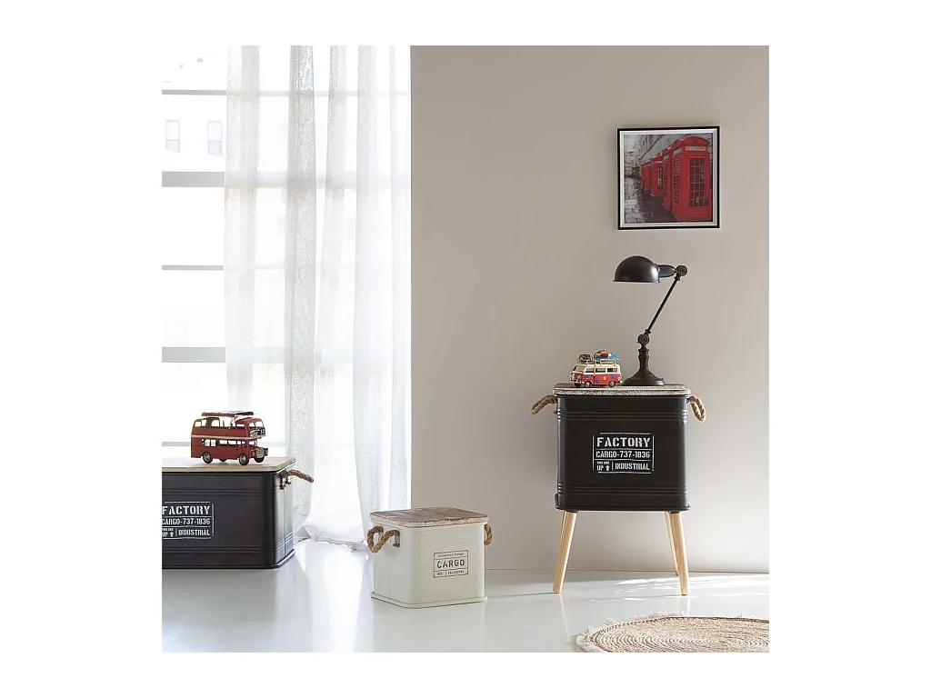 Tavolino da caffè stampato nero, metallo, legno e corda, 41x41x37/61