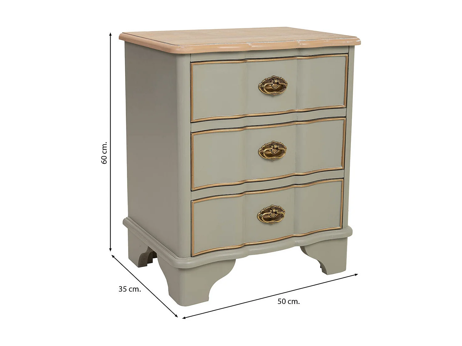 Table en bois laqué vert vieilli avec 3 tiroirs 50x35x60