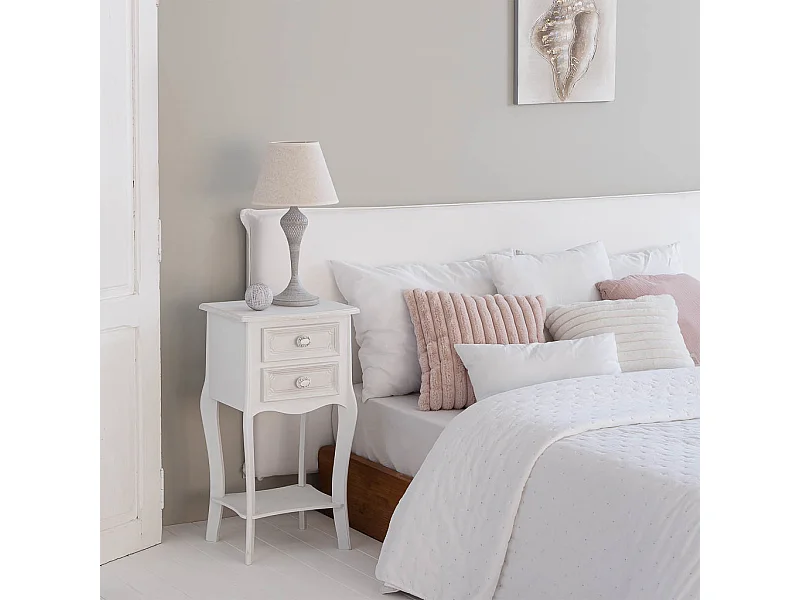 Table de nuit en bois avec 2 tiroirs et 1 étagère blanche 38x31,5x71.