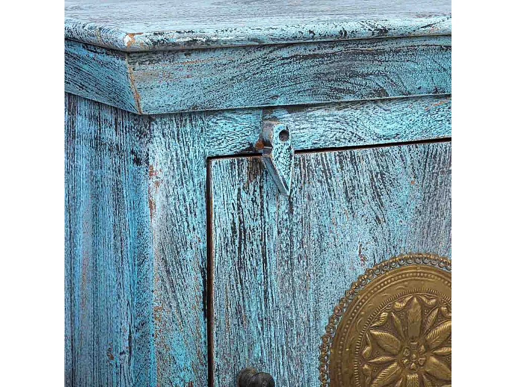 Mesinha de madeira e metal, acabamento artesanal envelhecido, 55x35x60