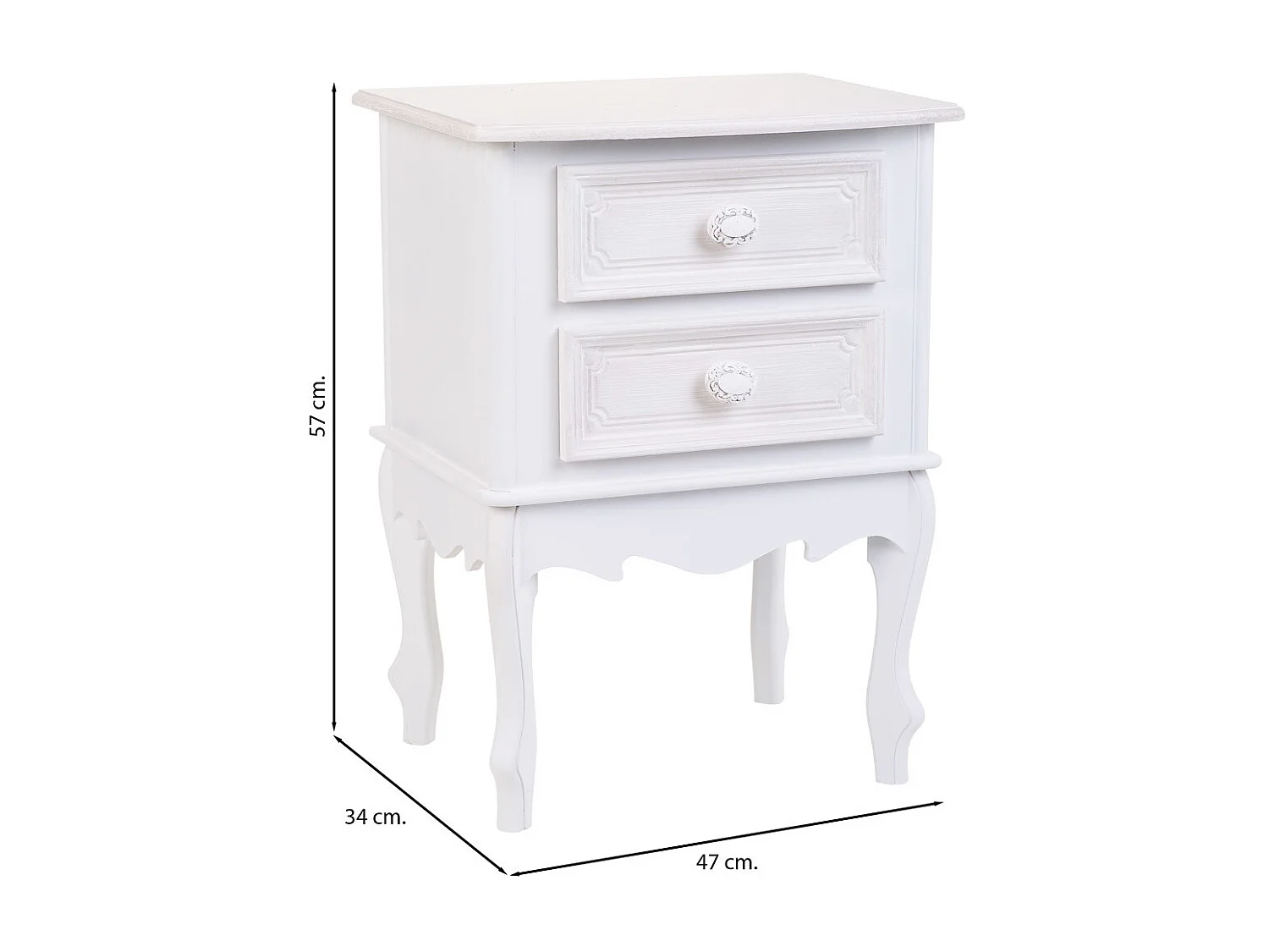 Comodino in legno con 2 cassetti bianchi 42x34x57.h cm