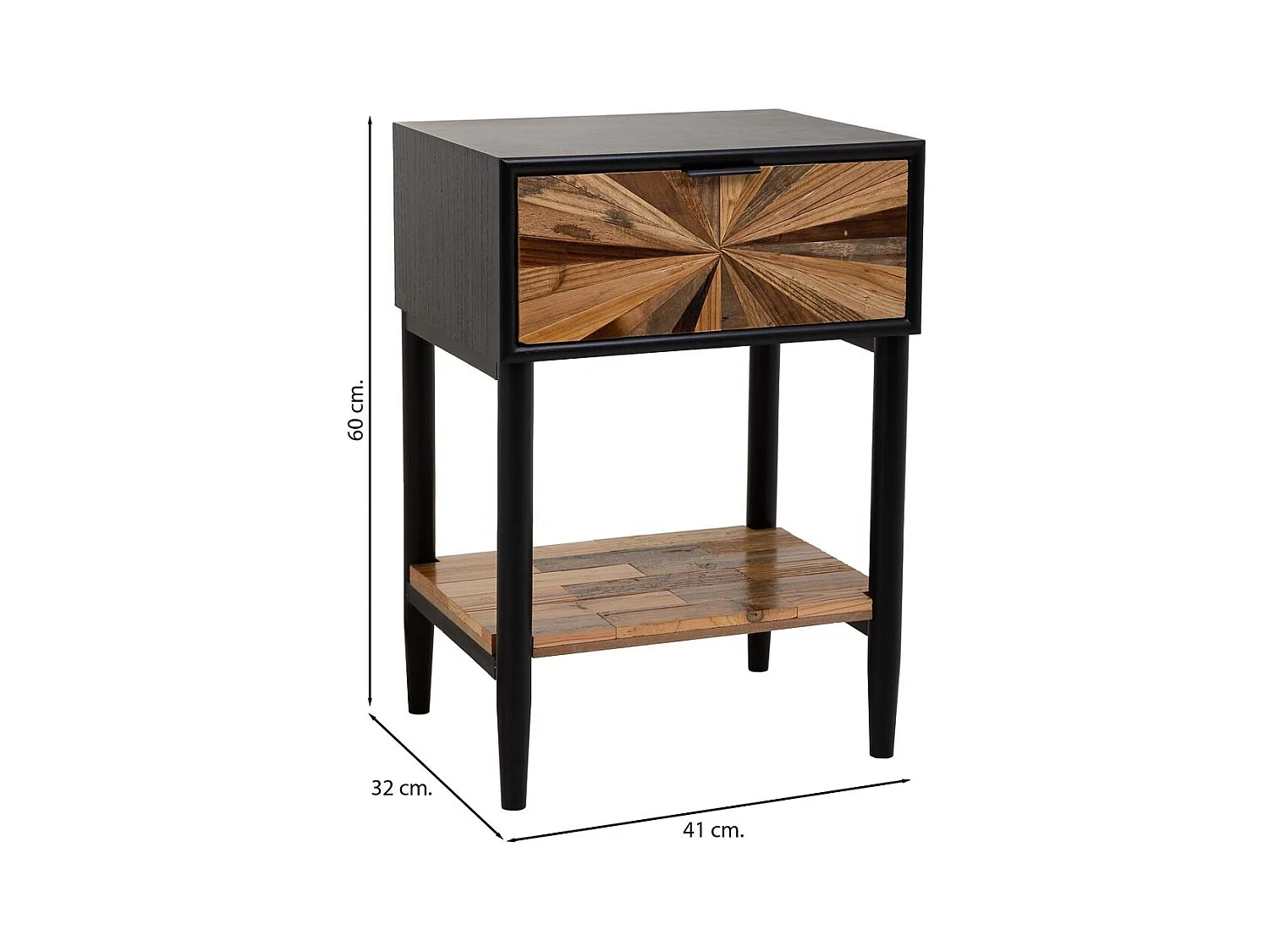 Table de nuit en bois et métal, 1 tiroir et 1 étagère marron 41x32x60