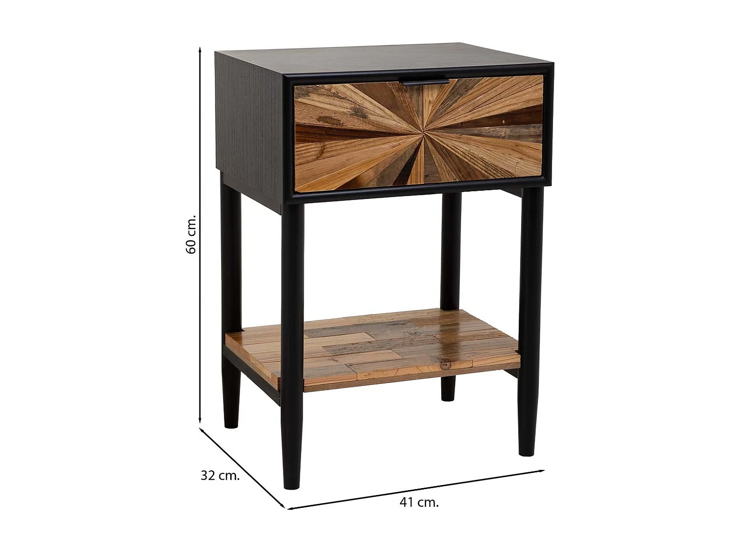 Brauner Couchtisch aus Holz und Metall mit 1 Schublade und 1 Regal