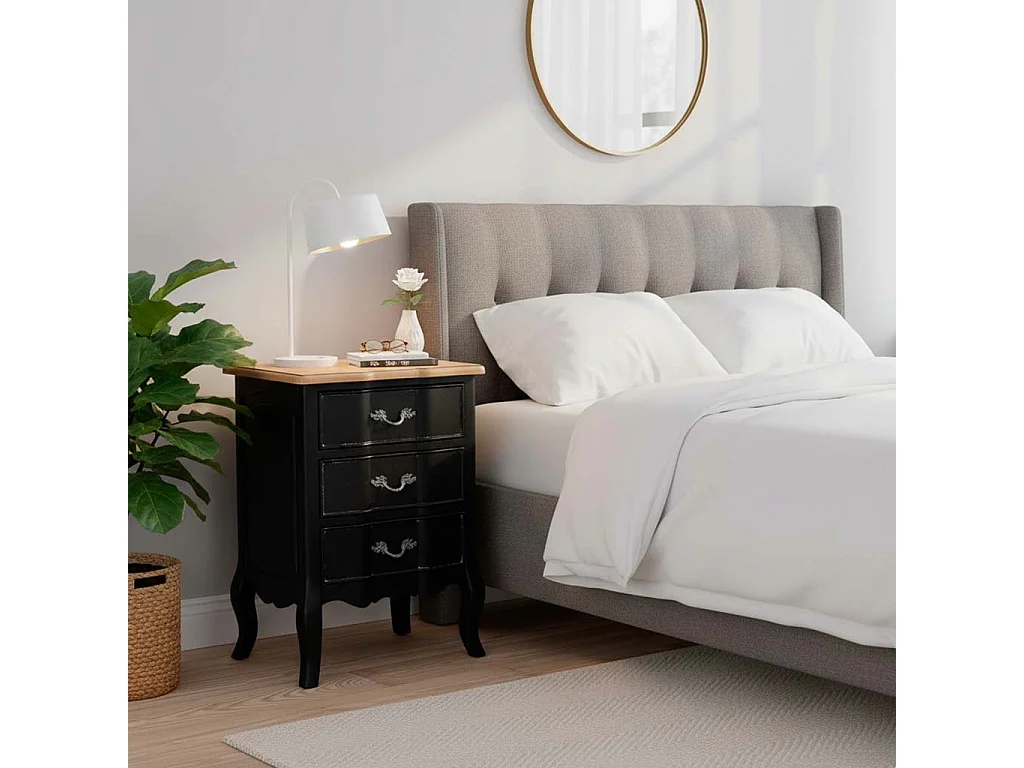 Tavolino in legno laccato nero invecchiato con 3 cassetti 50x40x70