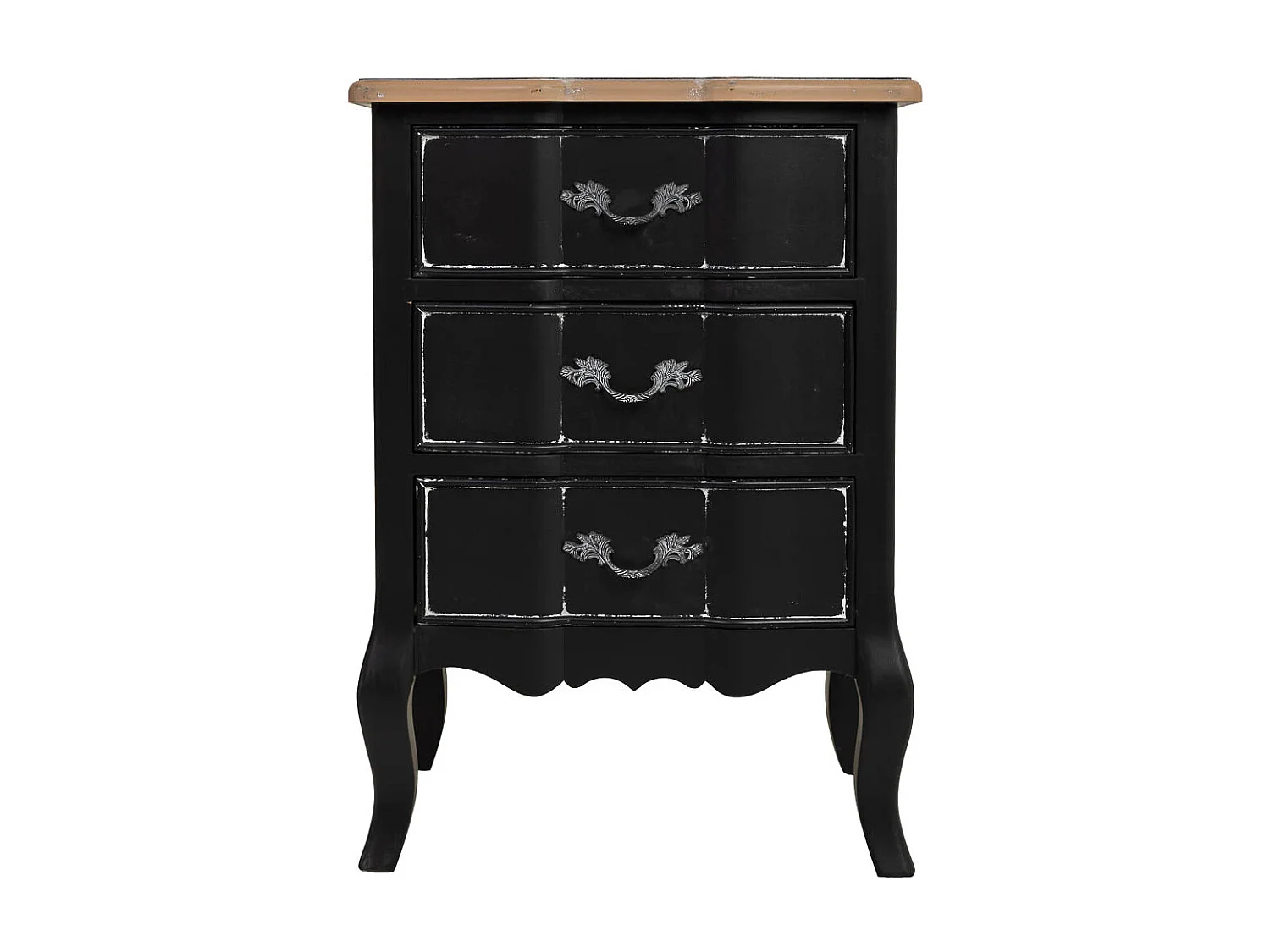 Tavolino in legno laccato nero invecchiato con 3 cassetti 50x40x70