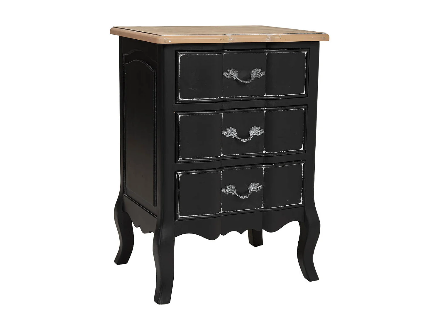 Tavolino in legno laccato nero invecchiato con 3 cassetti 50x40x70