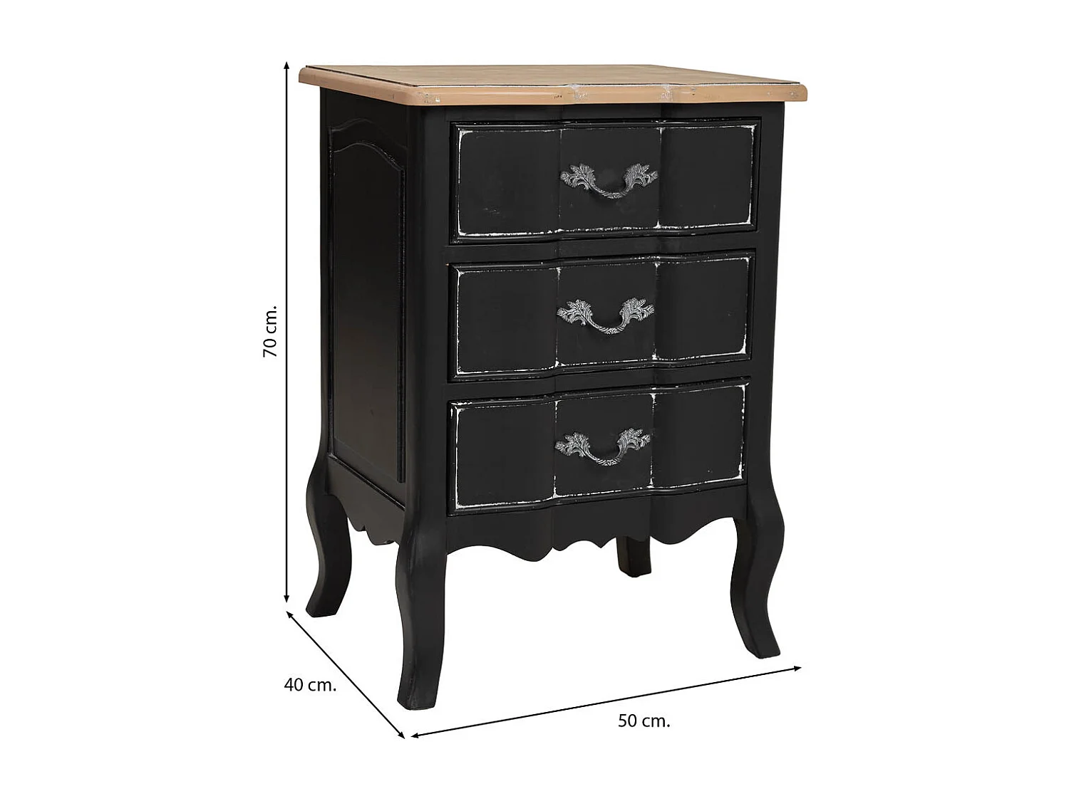 Tavolino in legno laccato nero invecchiato con 3 cassetti 50x40x70