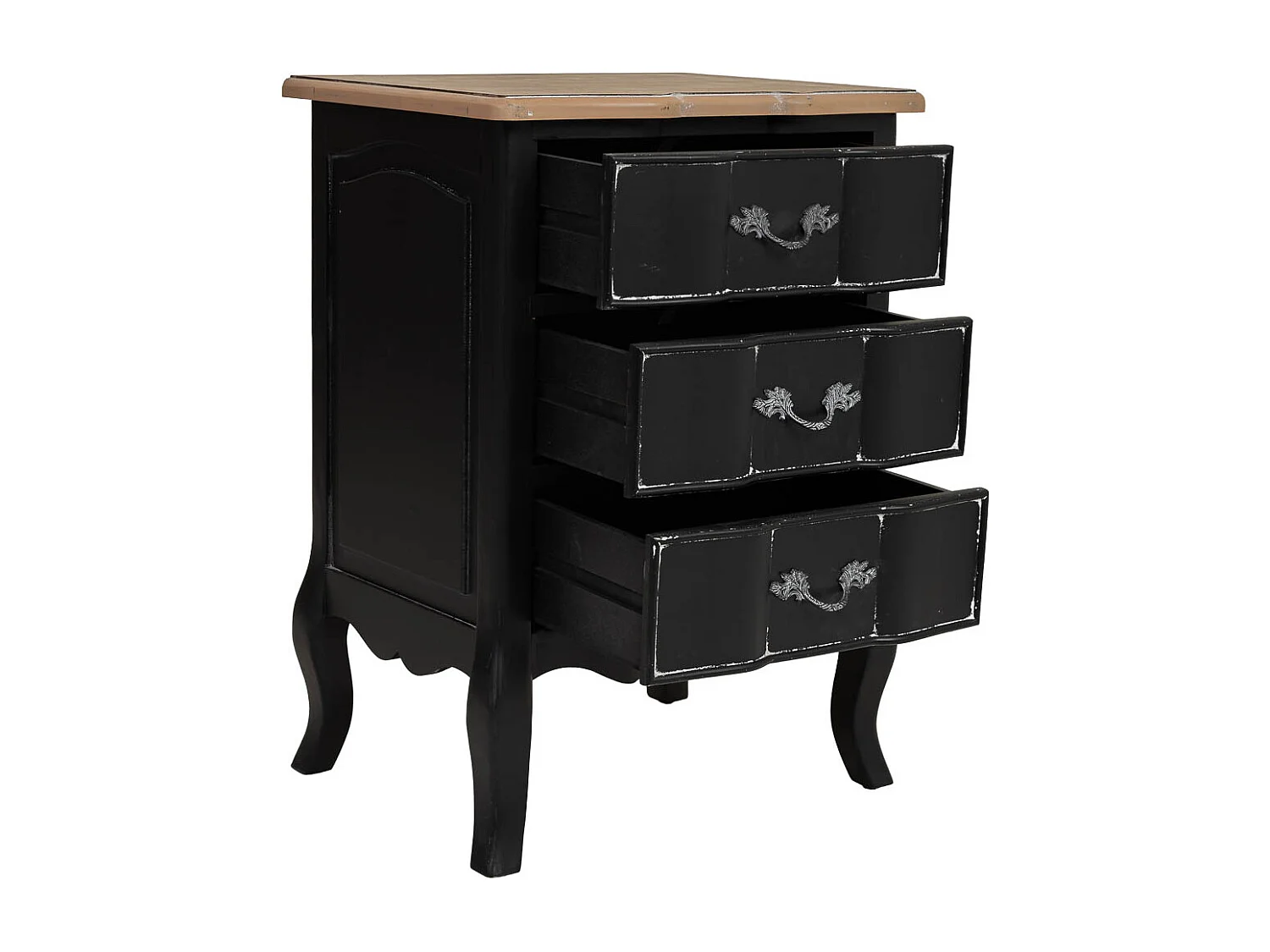 Tavolino in legno laccato nero invecchiato con 3 cassetti 50x40x70