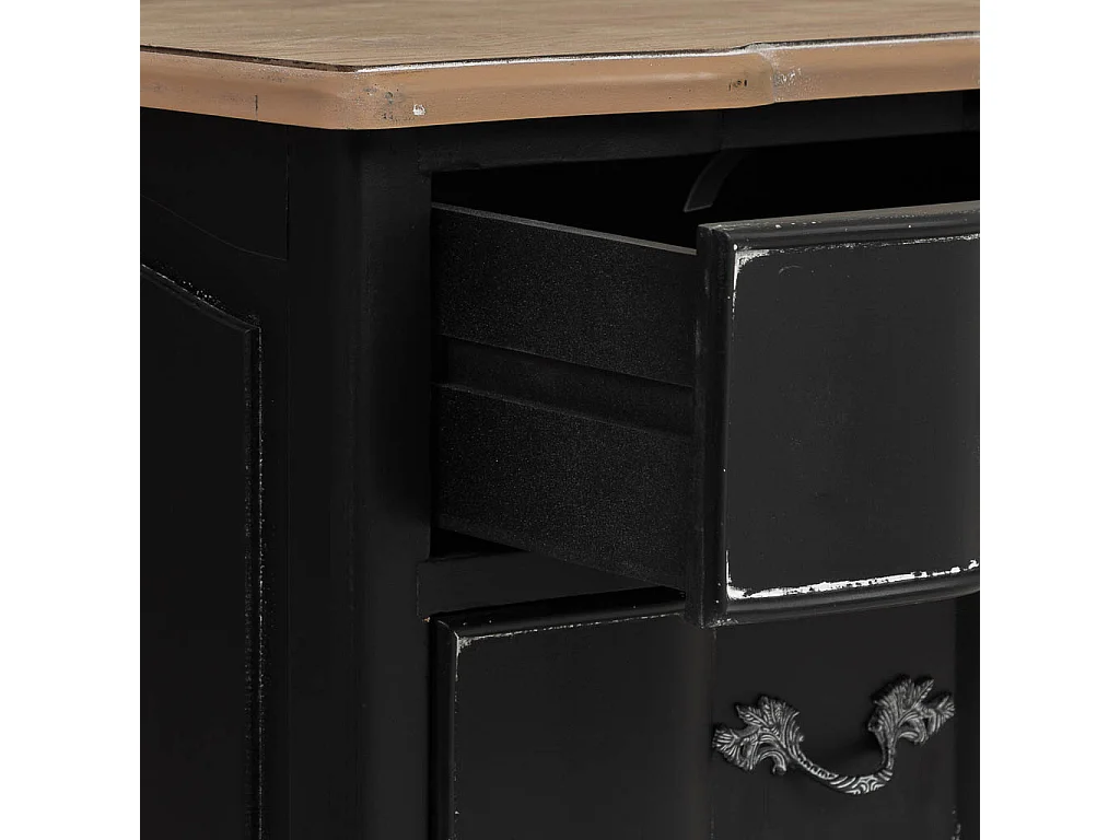 Tavolino in legno laccato nero invecchiato con 3 cassetti 50x40x70