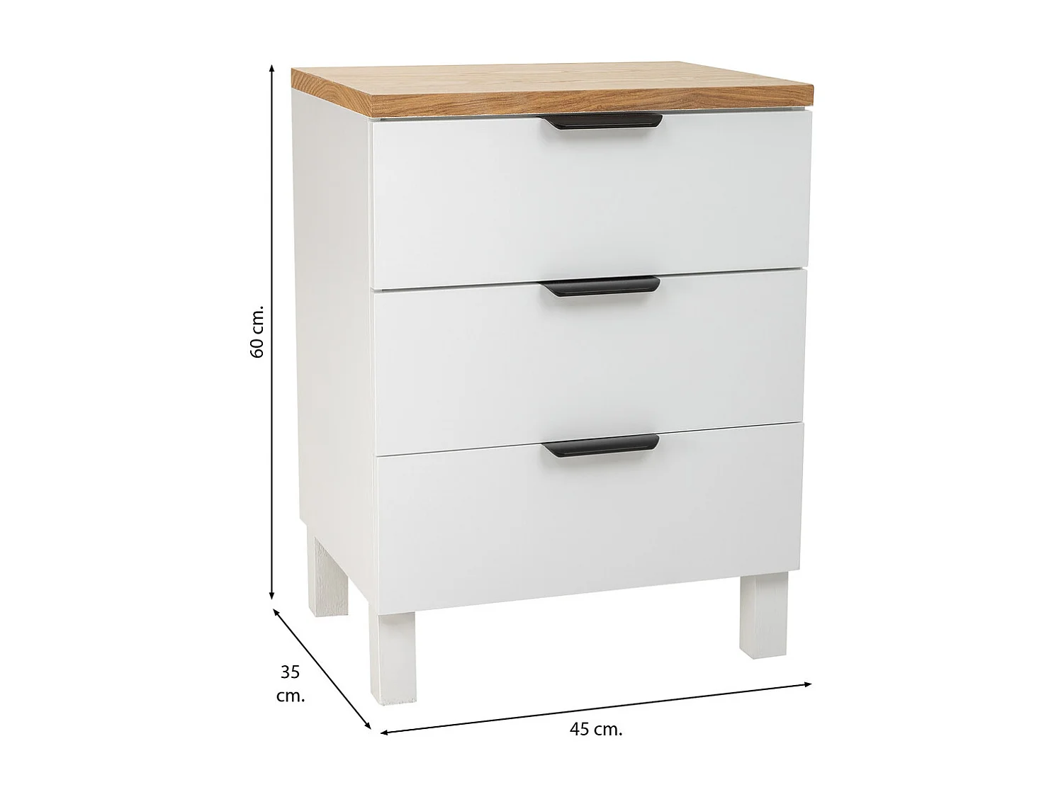 Table de nuit en bois avec 3 tiroirs 45x35x60