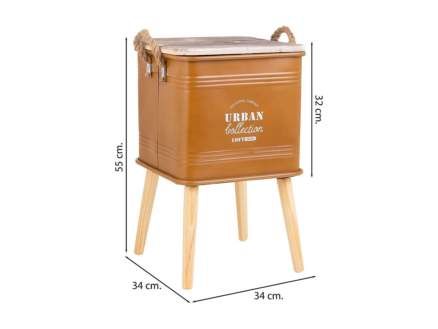 Table boîte en métal bois et corde marron 34x34x32/55h cm