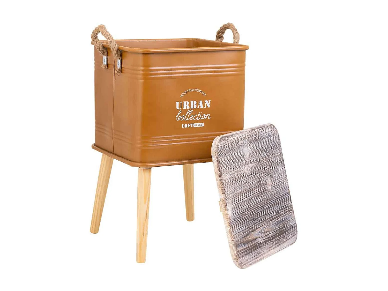 Table boîte en métal bois et corde marron 34x34x32/55h cm