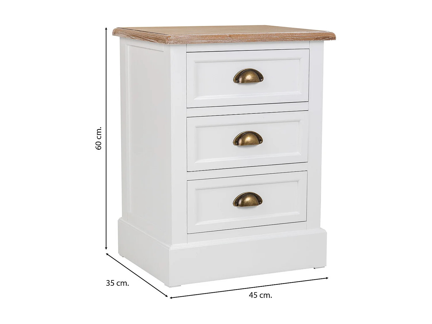 Mesita de noche de madera de 3 cajones blanco 45x35x60h cm