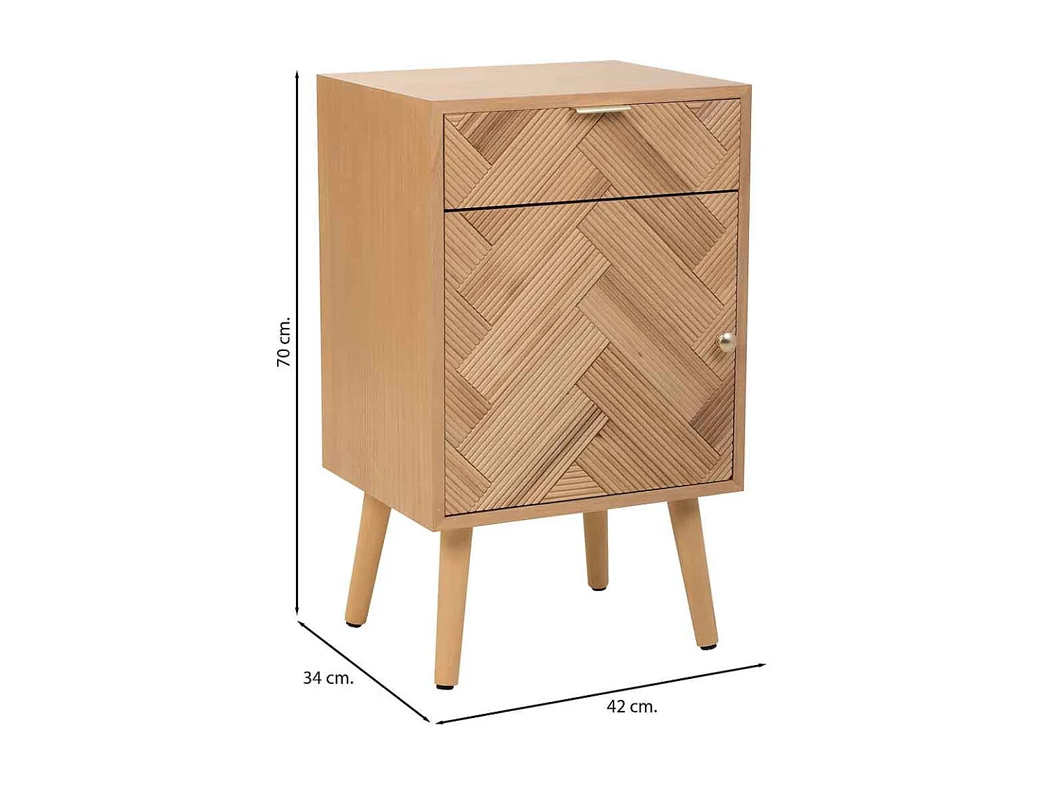 Comodino in legno con 1 porta e 1 cassetto marrone 42x34x70