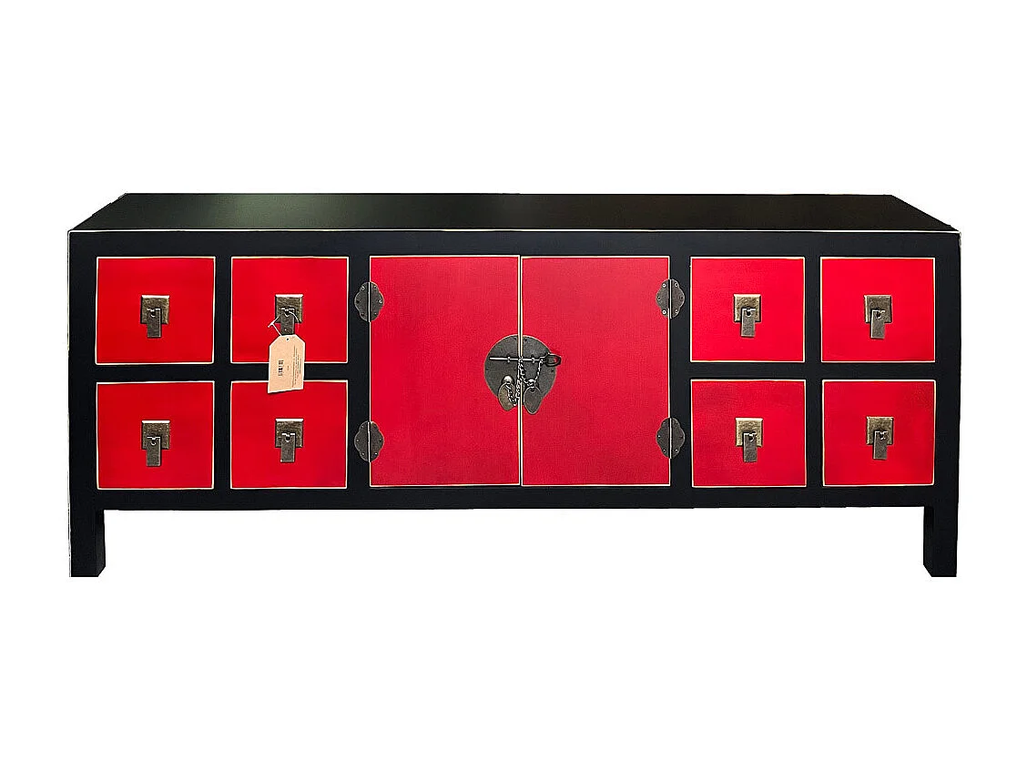 Mobile basso in legno con 8 cassetti e 2 porte 130x24x50h cm