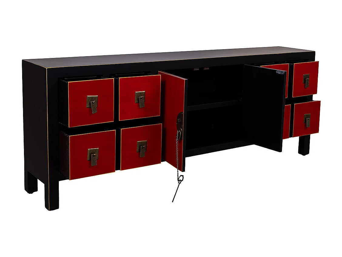 Mobile basso in legno con 8 cassetti e 2 porte 130x24x50h cm