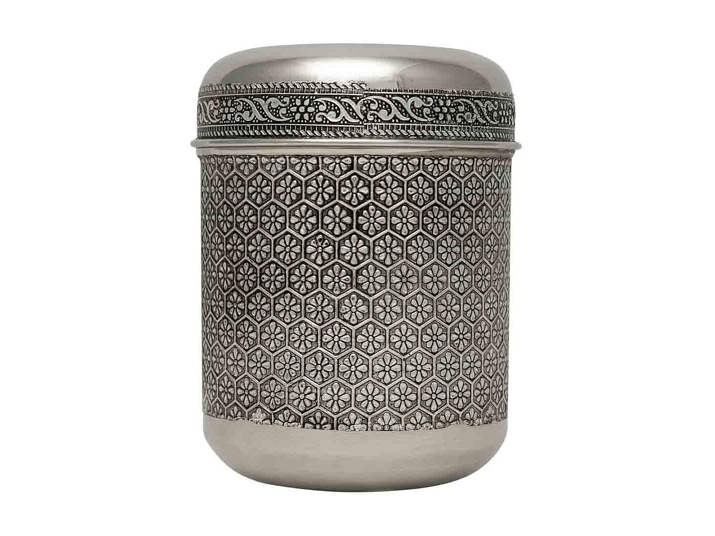 Pot en métal repoussé argenté 10x10x12