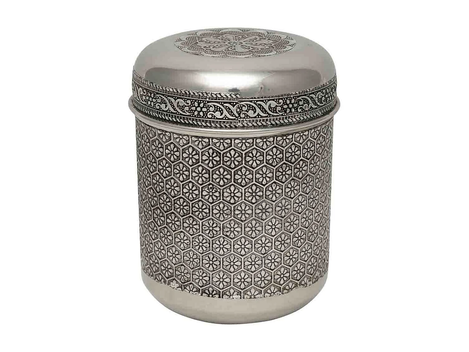 Pot en métal repoussé argenté 10x10x12