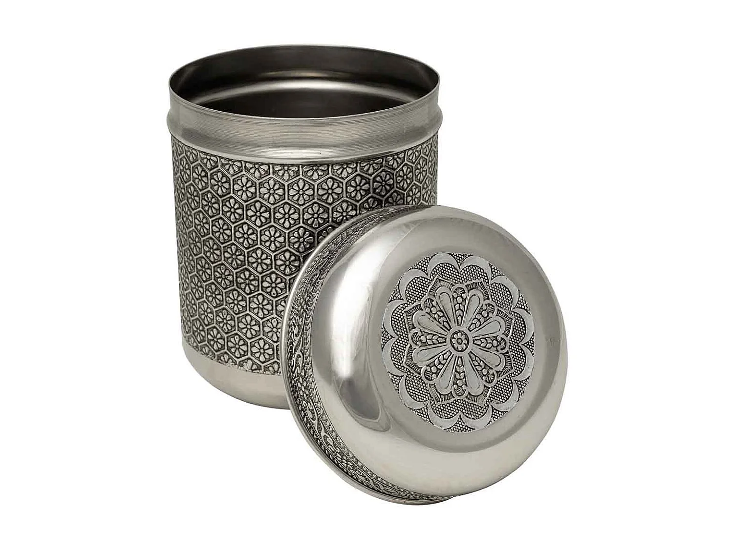 Pot en métal repoussé argenté 10x10x12