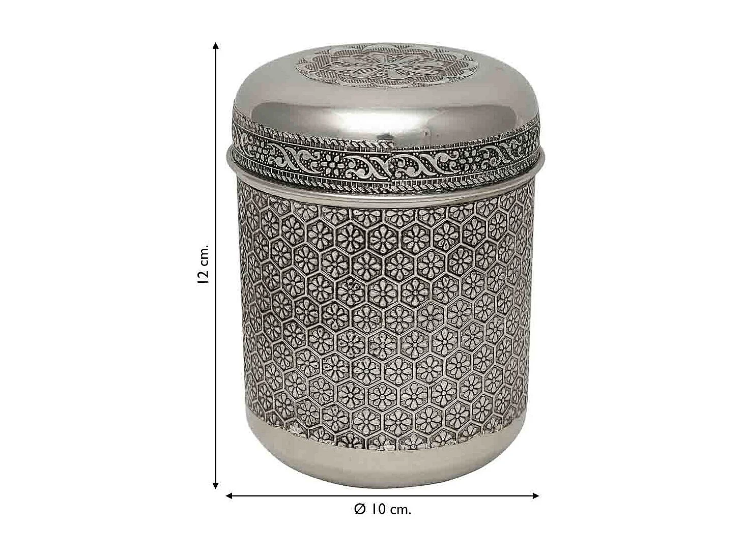 Pot en métal repoussé argenté 10x10x12