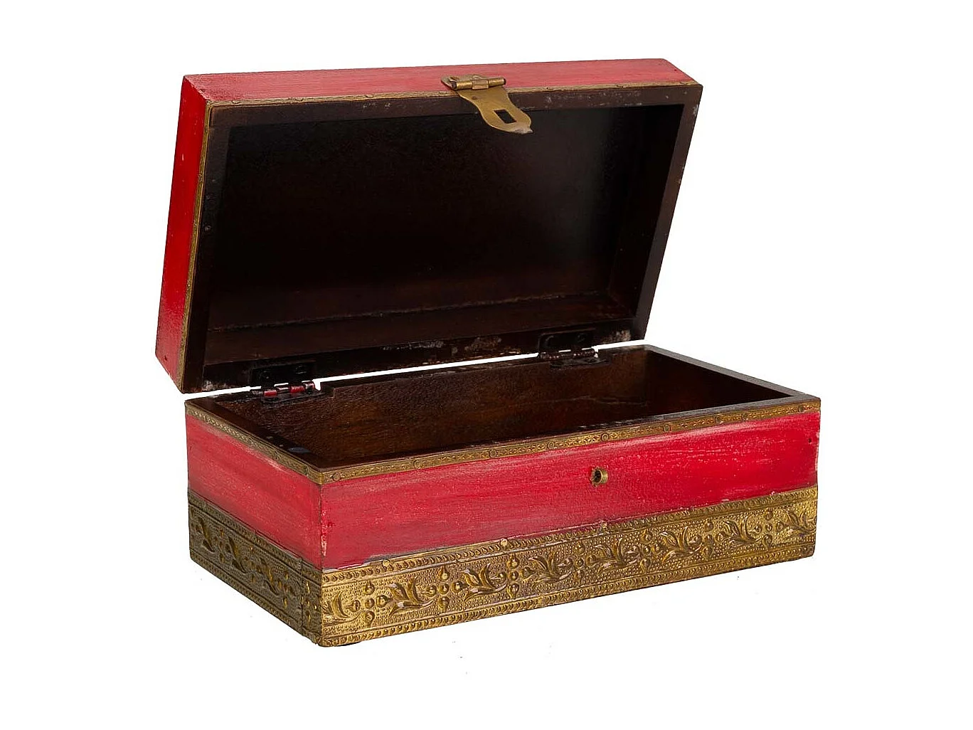 Schmuckschatulle aus Holz und rotem Metall, 20x11x9h cm