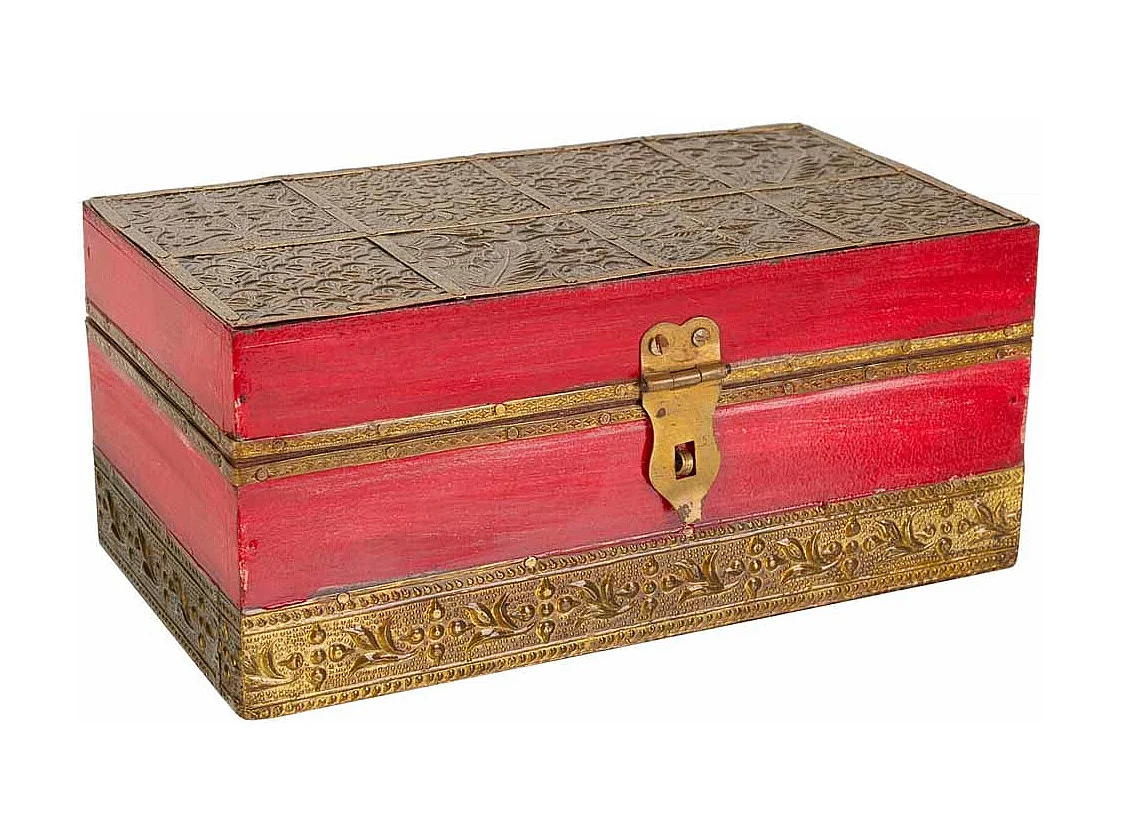Schmuckschatulle aus Holz und rotem Metall, 20x11x9h cm