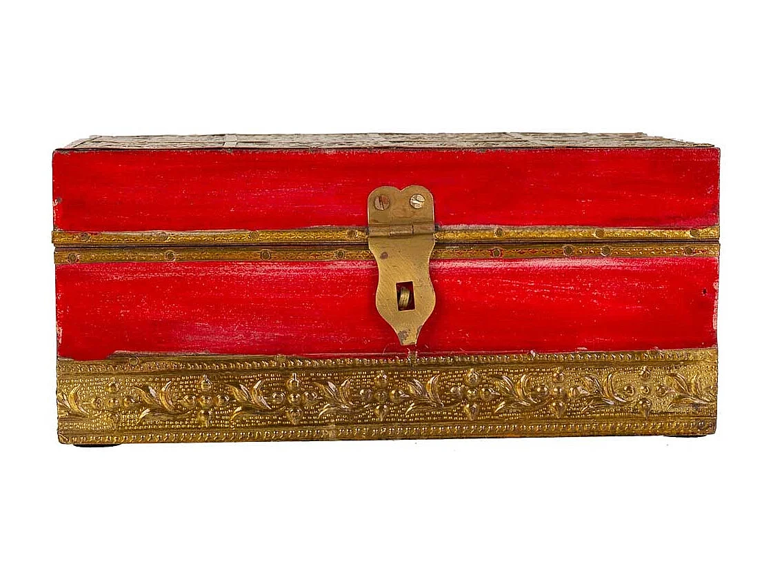 Baúl Joyero de madera y metal rojo 20x11x9