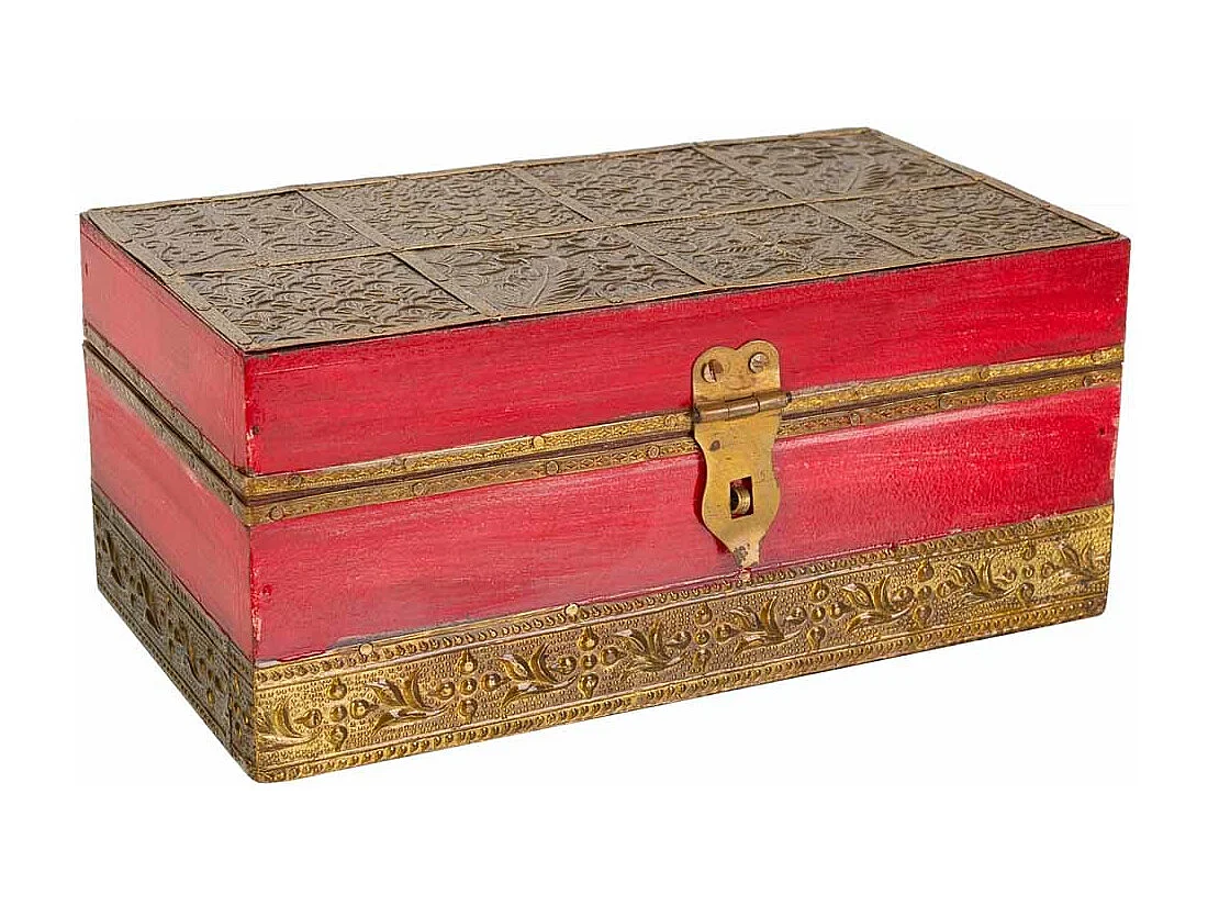 Baúl Joyero de madera y metal rojo 20x11x9