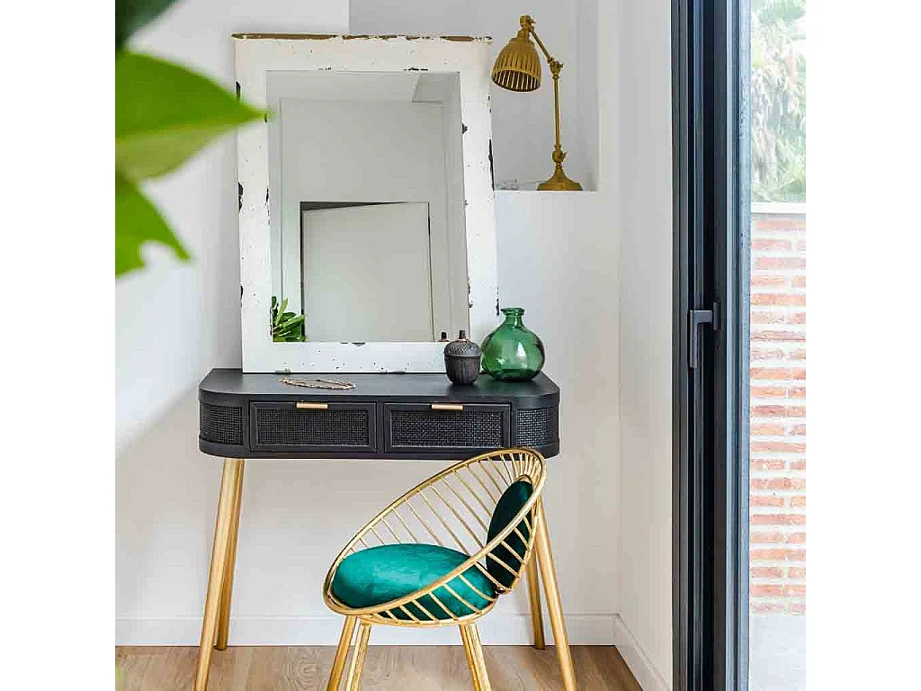 Banco estofado em metal dourado verde 55x46x70