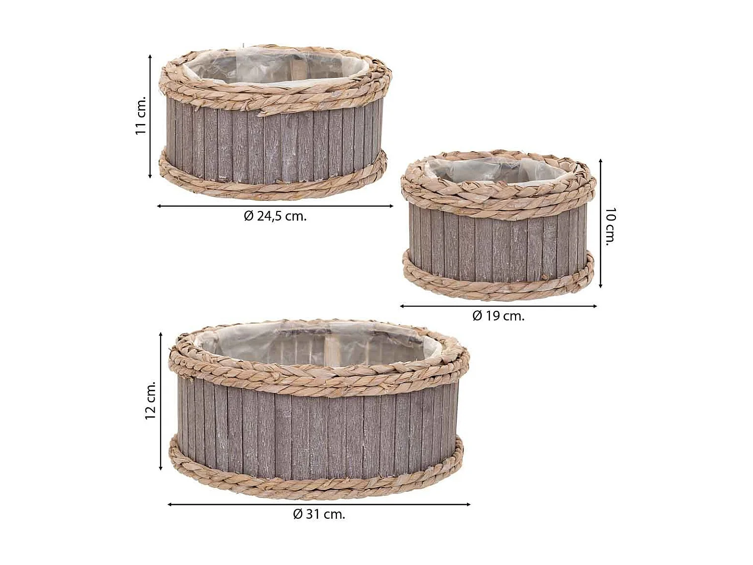 Set di 3 cestini ovali in legno grigio