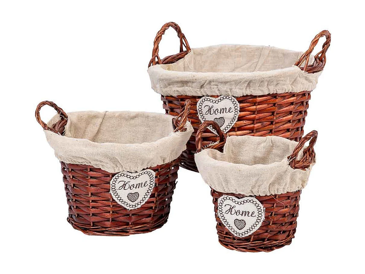 Conjunto de 3 cestos de vime forrados em castanho