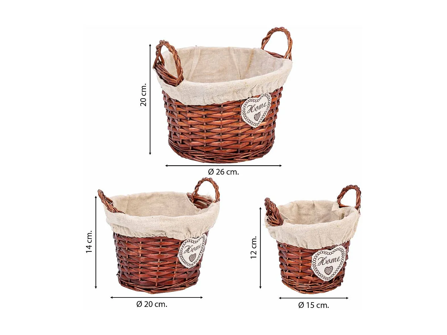 Conjunto de 3 cestos de vime forrados em castanho