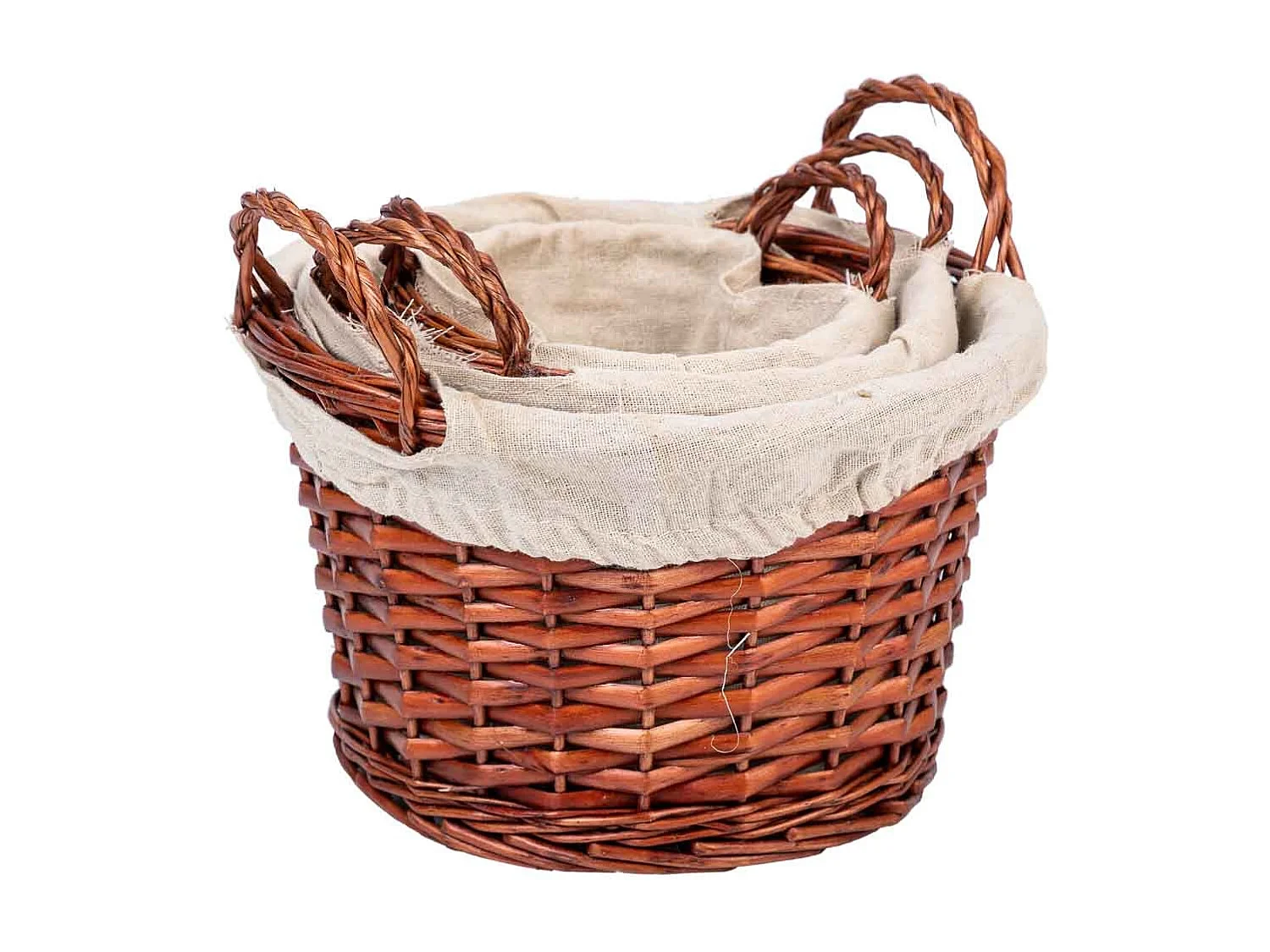 Conjunto de 3 cestos de vime forrados em castanho