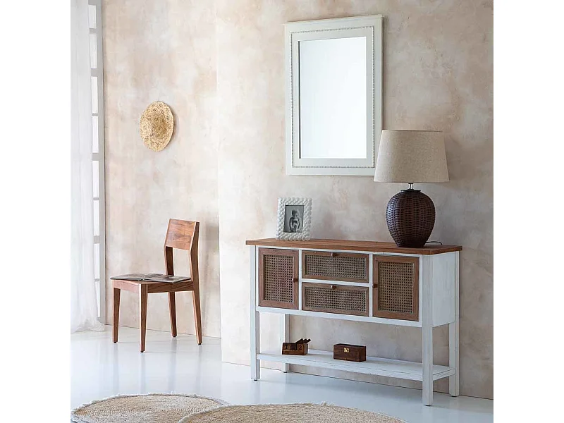 Aparador de madera y ratan con 2 cajones y 2 puertas 122x35,5x82h cm