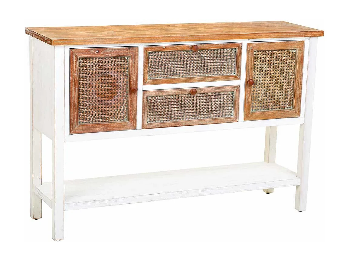 Aparador de madeira e rotim com 2 gavetas e 2 portas 122x35,5x82h cm