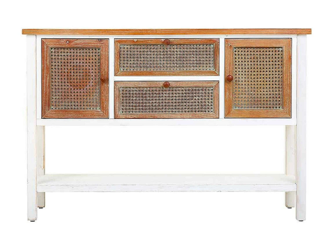 Aparador de madeira e rotim com 2 gavetas e 2 portas 122x35,5x82h cm