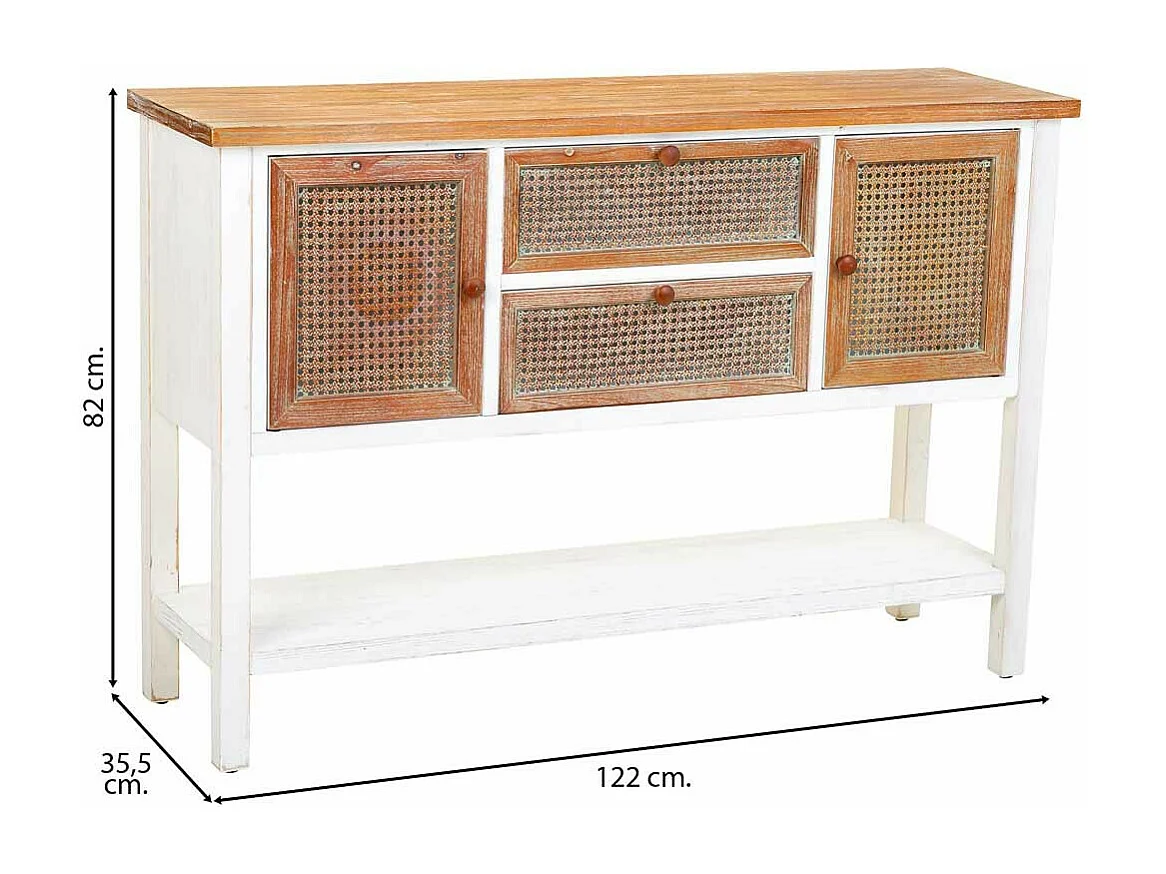 Aparador de madeira e rotim com 2 gavetas e 2 portas 122x35,5x82h cm