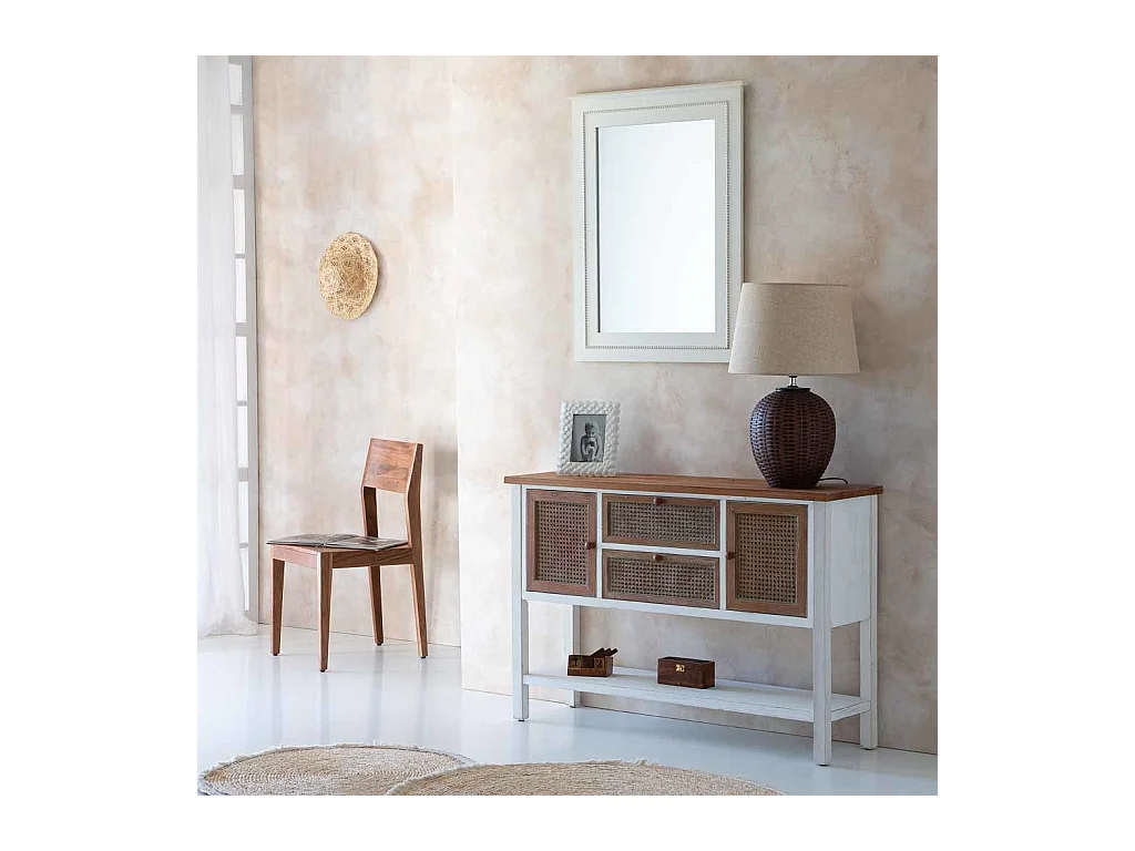 Aparador de madera y ratan con 2 cajones y 2 puertas 122x35,5x82h cm