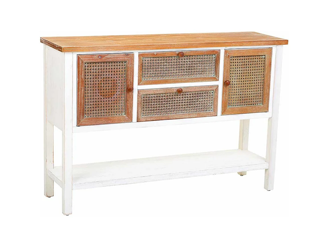 Buffet en bois et rotin avec 2 tiroirs et 2 portes 122x35,5x82h cm