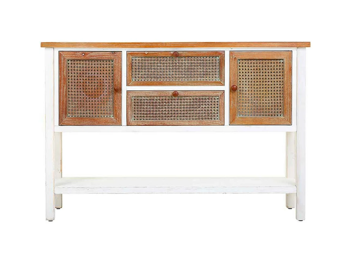Buffet en bois et rotin avec 2 tiroirs et 2 portes 122x35,5x82h cm