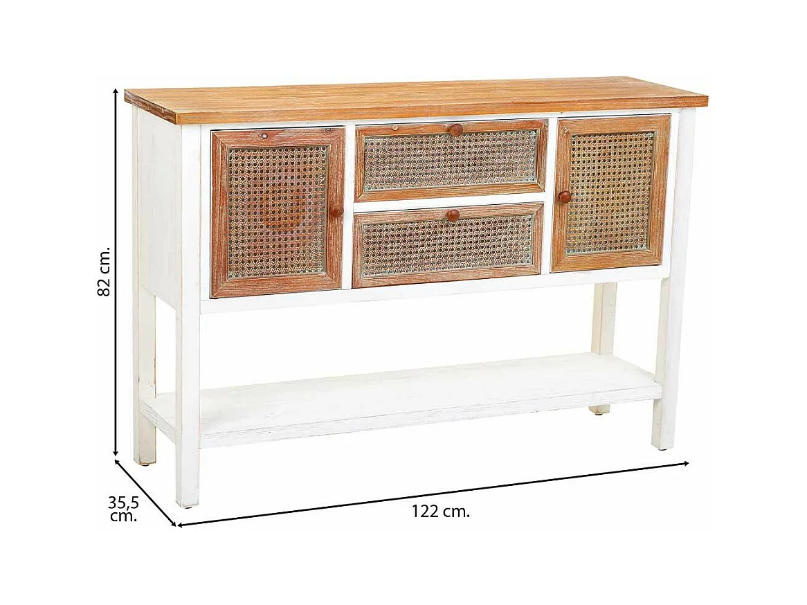 Buffet en bois et rotin avec 2 tiroirs et 2 portes 122x35,5x82h cm