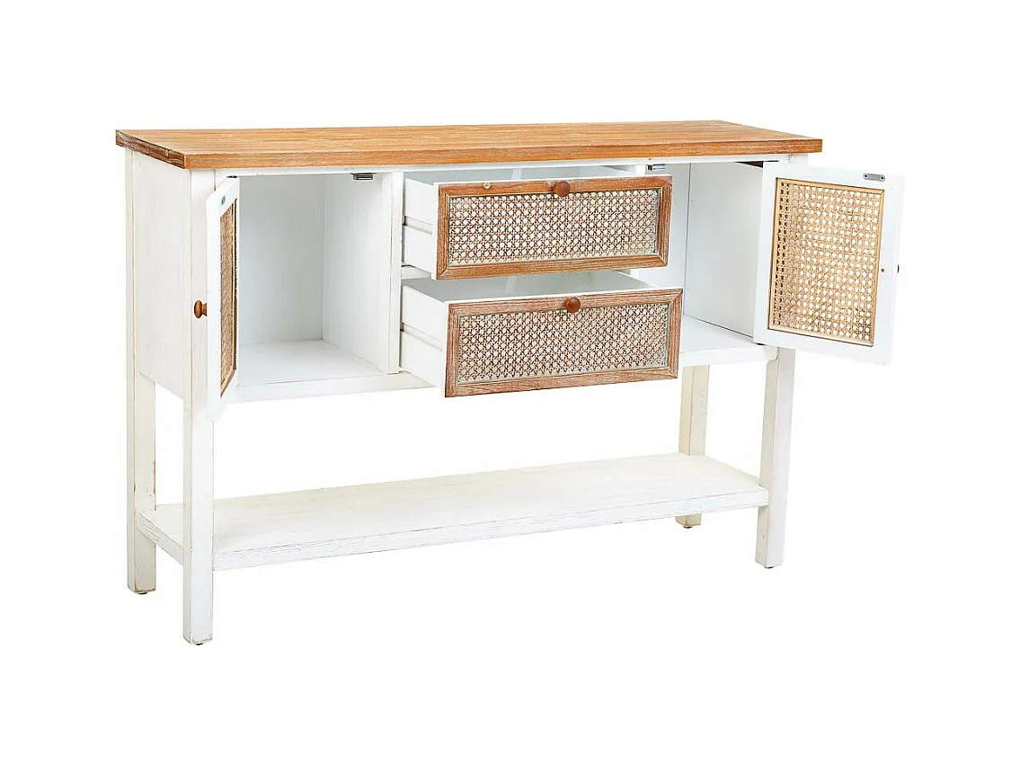 Buffet en bois et rotin avec 2 tiroirs et 2 portes 122x35,5x82h cm
