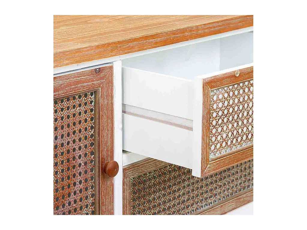 Buffet en bois et rotin avec 2 tiroirs et 2 portes 122x35,5x82h cm